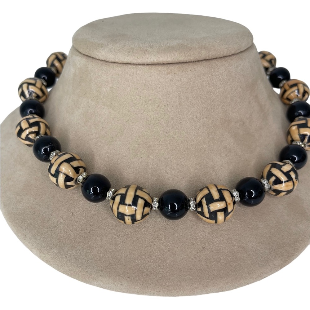 Basket Weave Beads, Black Onxy, Sterling Silver & Swarovski Crystal Necklace - Picture 2 of 6